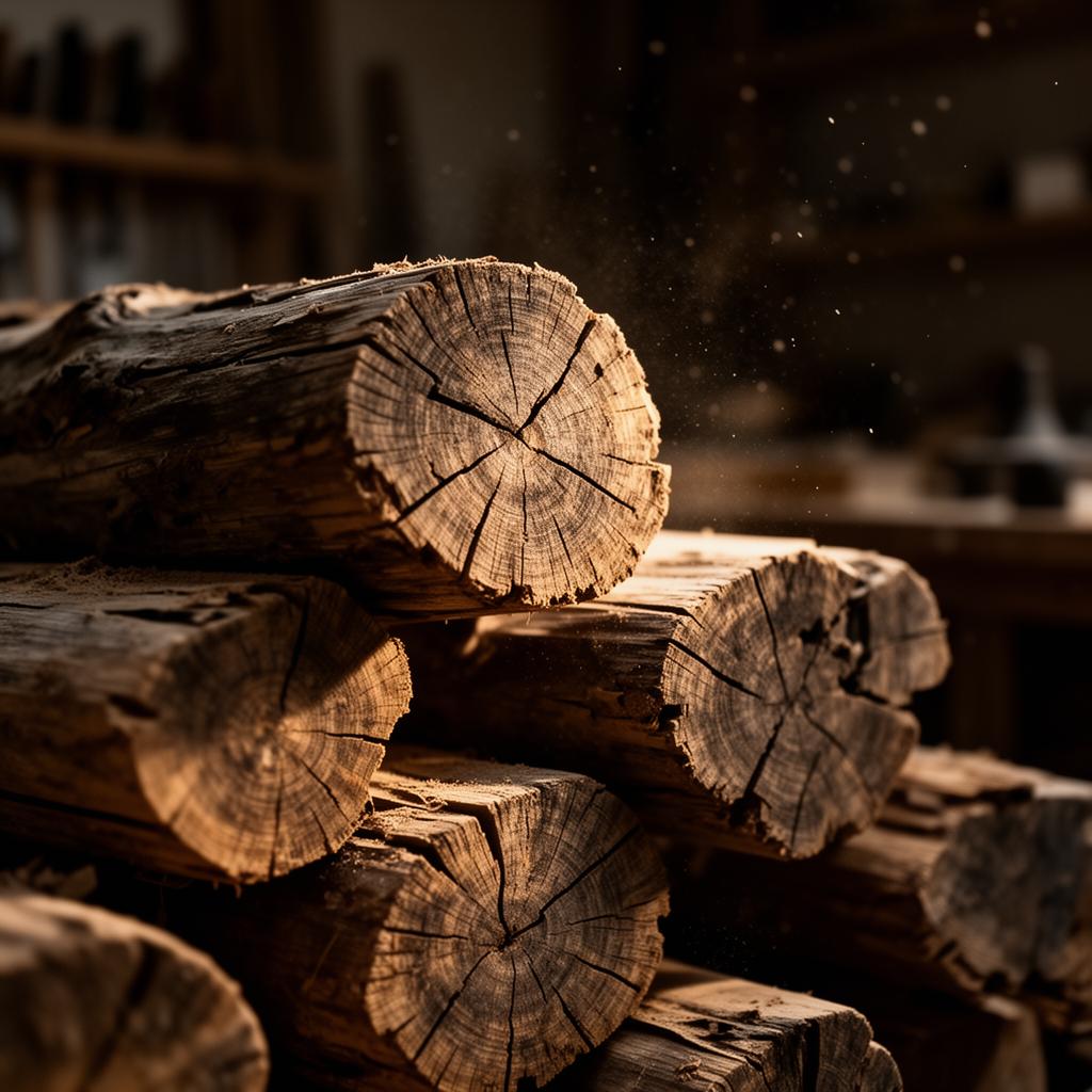 Billes de bois empilées dans l'atelier